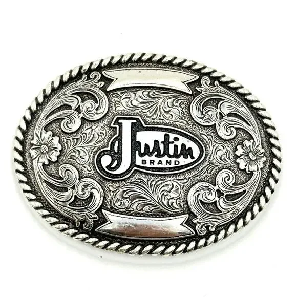 Justin Brand Western Belt Buckle 4'' x 3" Silver Color Floral Rodeo - Picture 6 of 6